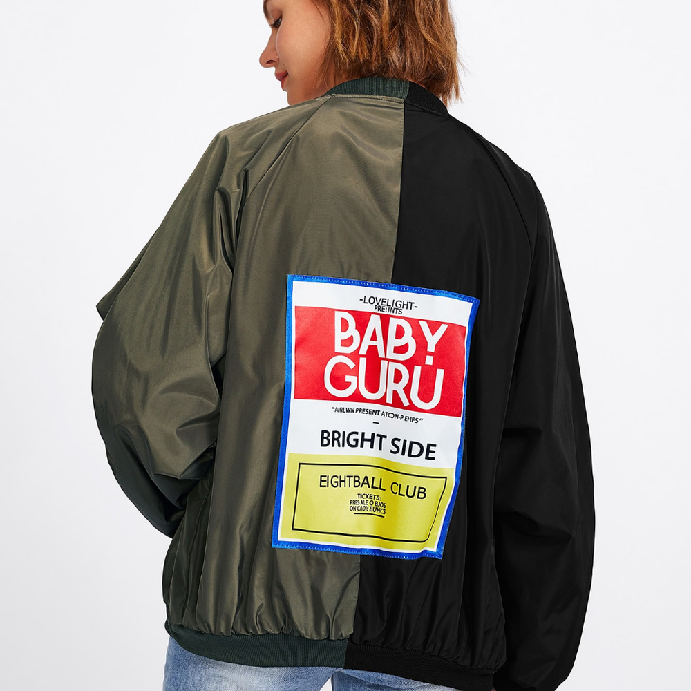 Two Tone Patch Back Oversized Bomber Jacket